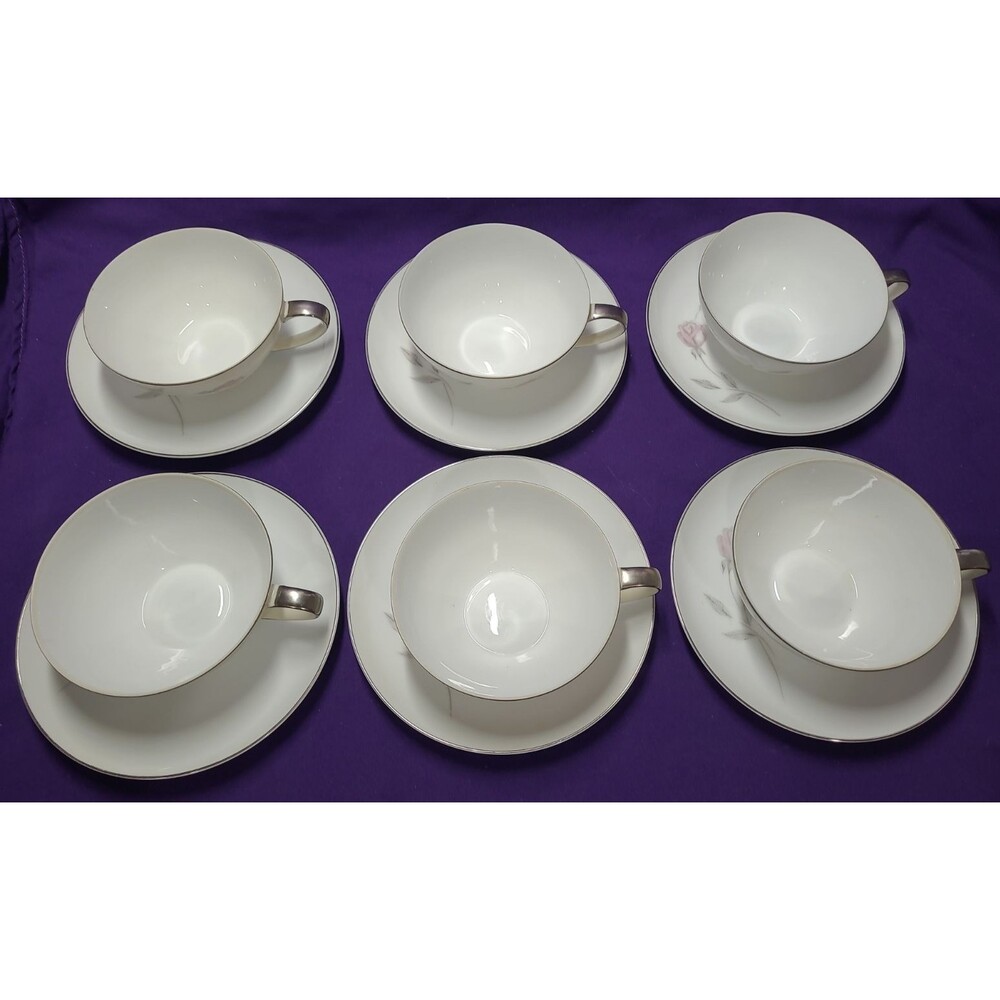 Lot of 6 Mikasa Fine China Primrose Cup & Saucer Sets Platinum Trim 8194